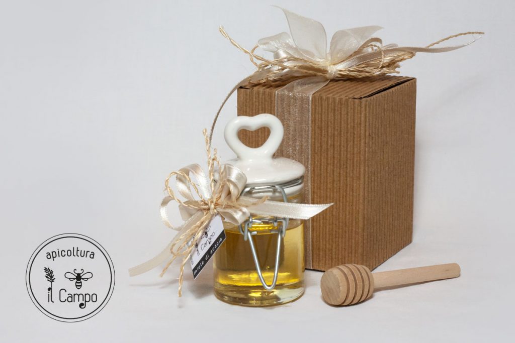 Bomboniera con scatola e vasetto tappo a cuore, miele artigianale di acacia Apicoltura il Campo.